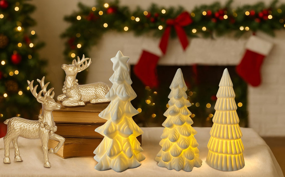 Dlfghos Lighted Ceramic Christmas Tree Decor 3Pcs Small White Christmas Trees with Lights Xmas Tree Figurines for Tabletop Mantel Shelf Fireplace Holiday Decorations for Home and Gift