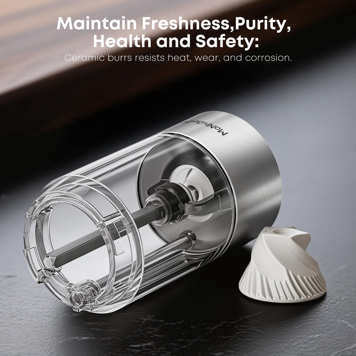 MaNhiBeiBei Electric Salt and Pepper Grinder Set - One-Hand Operated, Adjustable Coarseness, Ceramic Burrs, LED Light, Stainless Steel, Housewarming Gift (2 Pack)