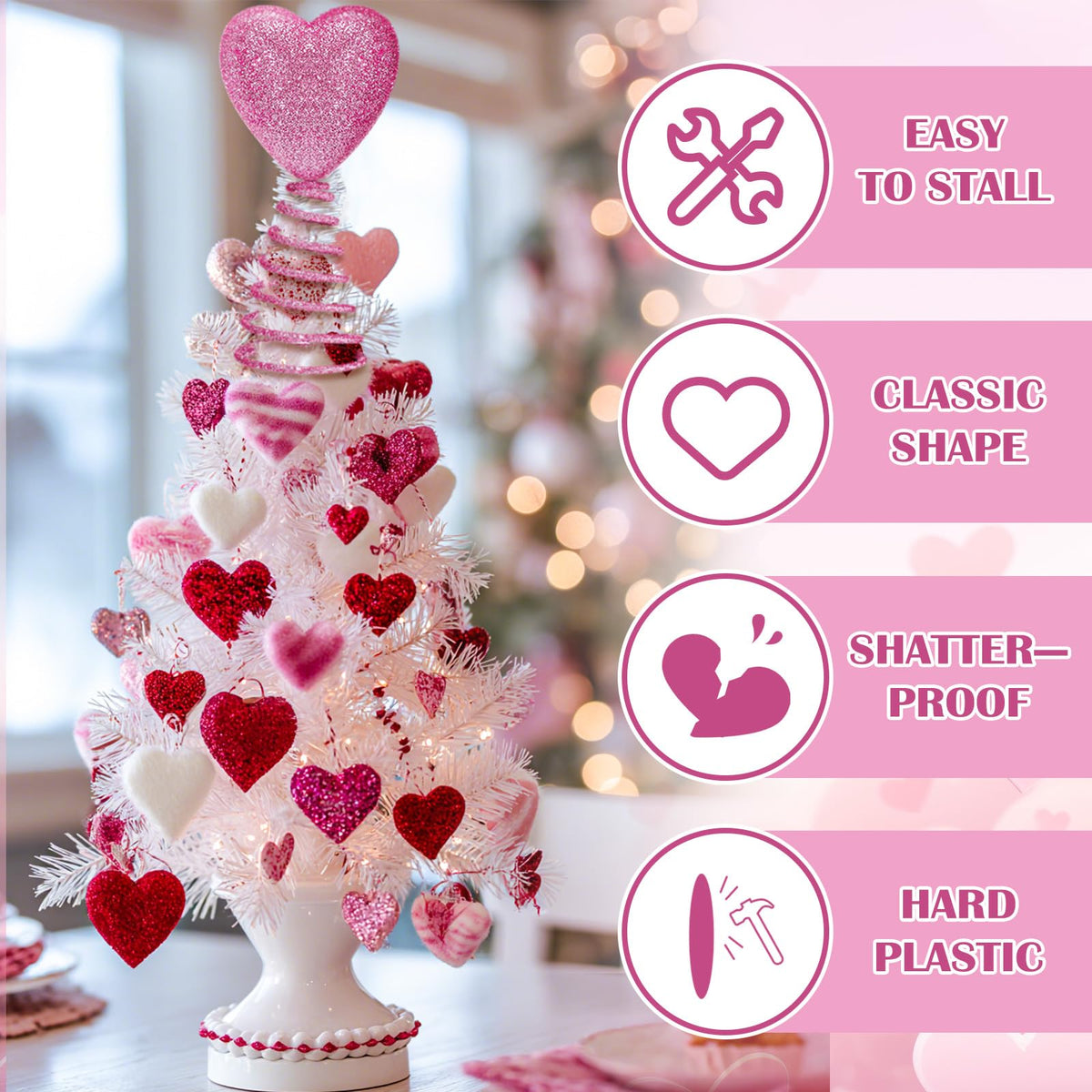 Gejoy Mini Valentine Christmas Tree Topper Pink Heart 6 Inch Miniature Glitter Heart Star Tree Topper for Valentine Home Decor Holiday