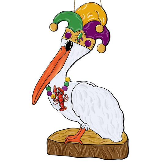 Mardi Gras Door Decoration, New Orleans Carnival Pelican Front Door Sign Hanger, Wooden Mardi Gras Sign Wreath for Holiday Indoor Outdoor Porch Home Wall Decor