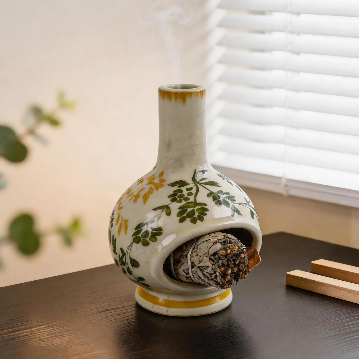 MOUGIGI Palo Santo Burner with Chimney-Unique Ceramic Incense Holder for Sage and Cones-Retro Ice Crackle Design-Perfect for Meditation,Yoga, Home Decor-Ideal Gift for Aromatherapy Lovers