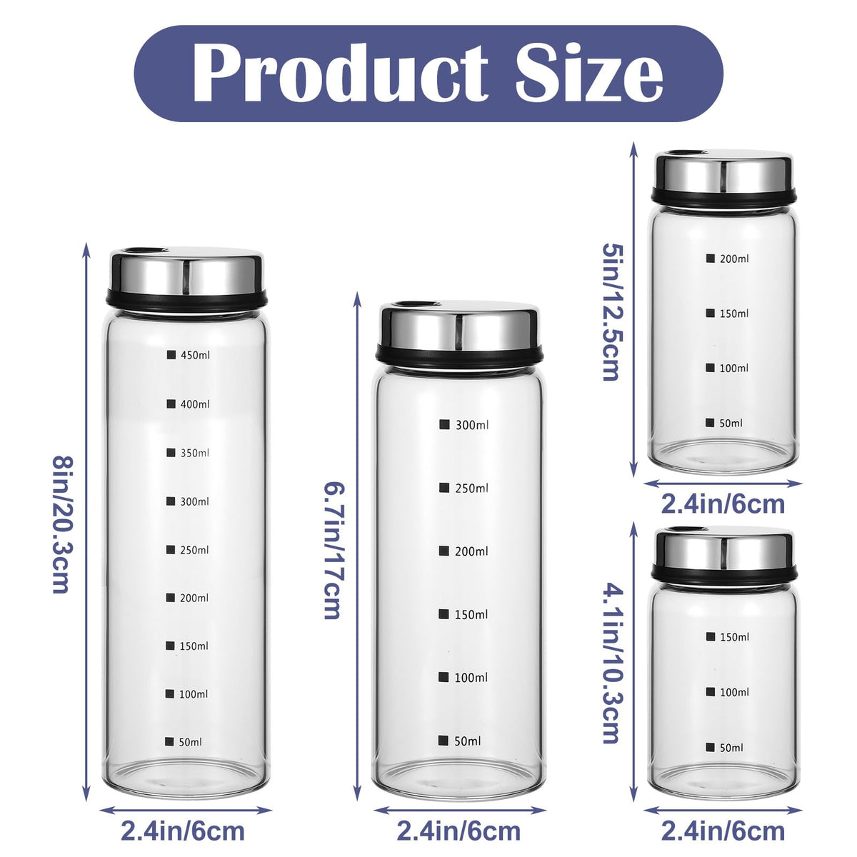 Kifmurase 4Pcs Salt Pepper Shakers with Adjustable Outlet Holes, 4 Sizes Clear Glass Shaker Bottles, Salt Shakers for Kitchen, Spice Seasoning Cans for Kitchen Decor Home Restaurant BBQ Camping