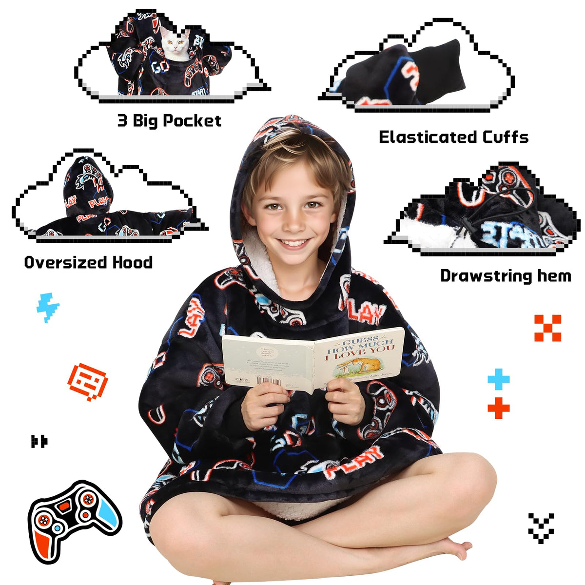 REXEO Wearable Blanket Hoodie for Kids Fleece Sweatshirt Blanket Gamer Gifts for Boys Girls Flannel Hooded Blanket with Pocket and Sleeves for Kids