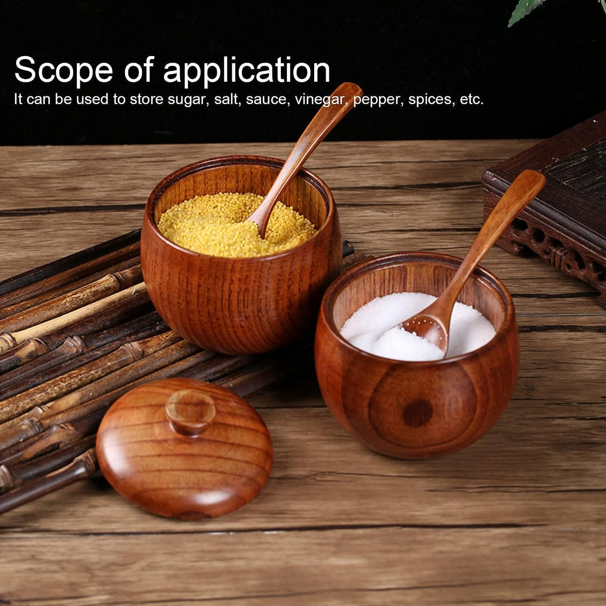 Kukyller 2PCS Wooden Salt Box with Lid Spoon, Sugar Bowl Pepper Seasoning Container, Wooden Salt Container for Kitchen Serving Condiment Chili Powder 2 * 4 * 3.5in