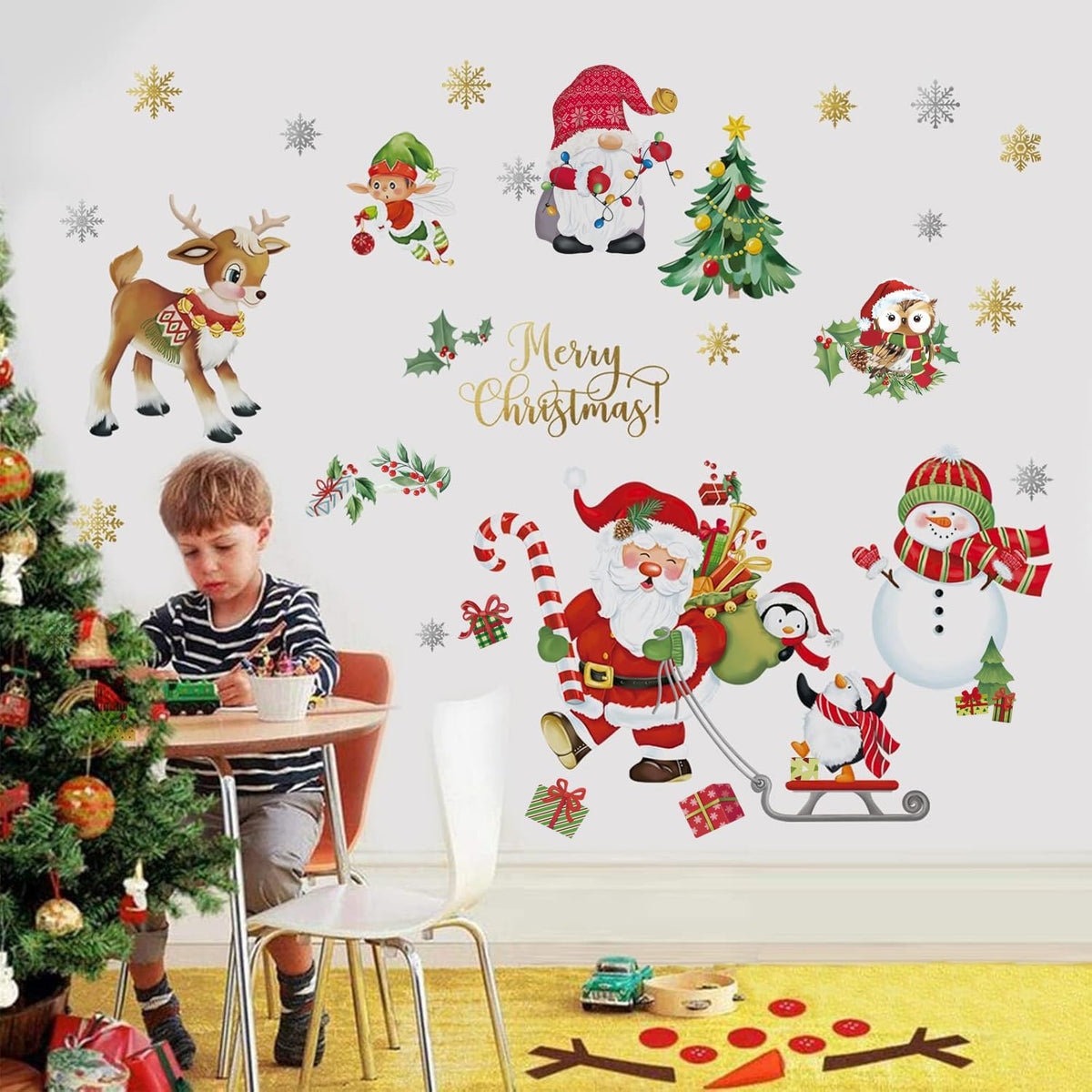 decalmile Christmas Window Wall Decals Santa Claus Elk Wall Stickers Snowman Snowflake Winter Penguin Window Clings Kids Room Home Party Shop Decorations