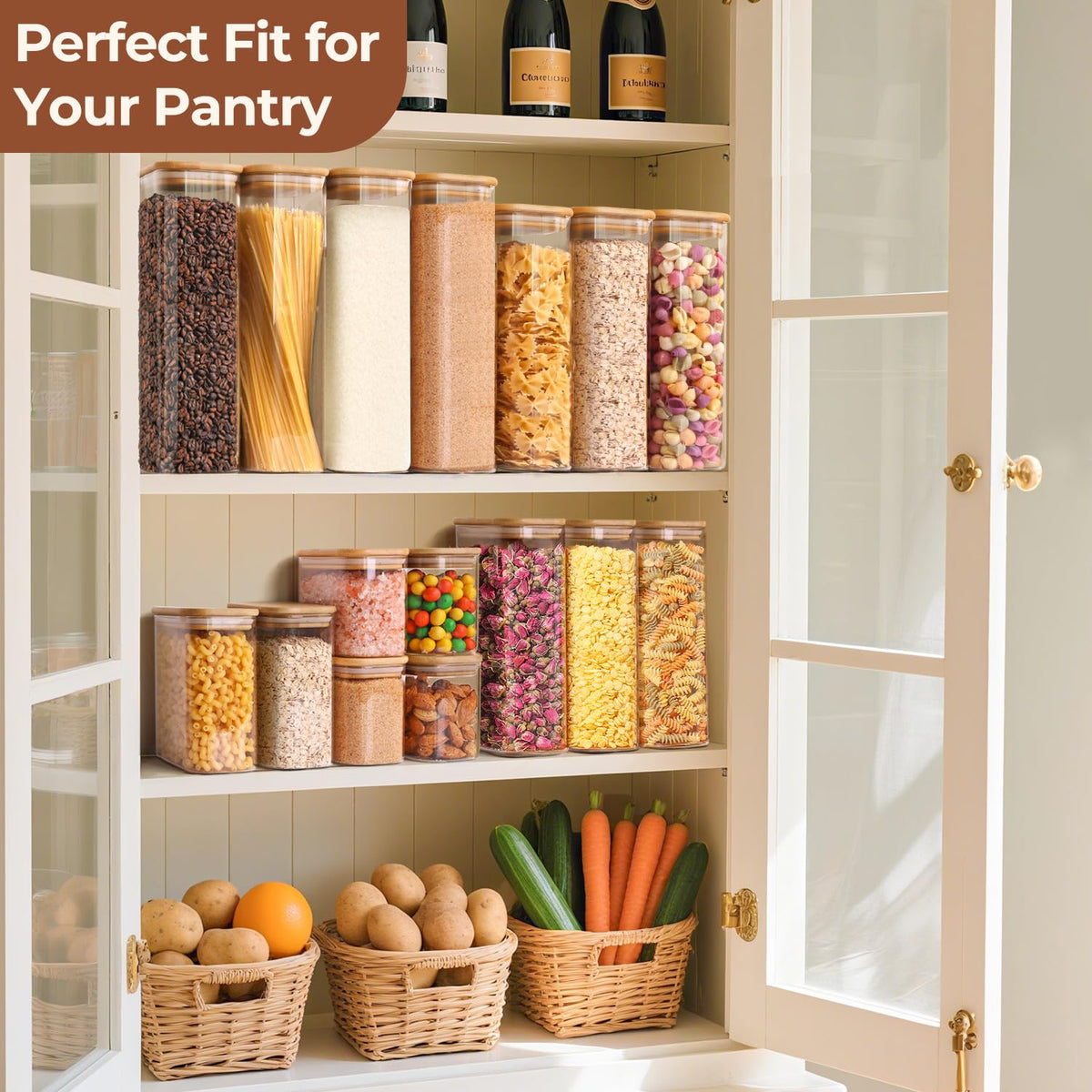 ComSaf 1.2 Qt Rectangle Glass Storage Containers with Lids, Glass Jars with Bamboo Lids, Clear Food Storage Jar, Sugar Coffee Containers, Pantry Container for Pasta Tea Candy Nut
