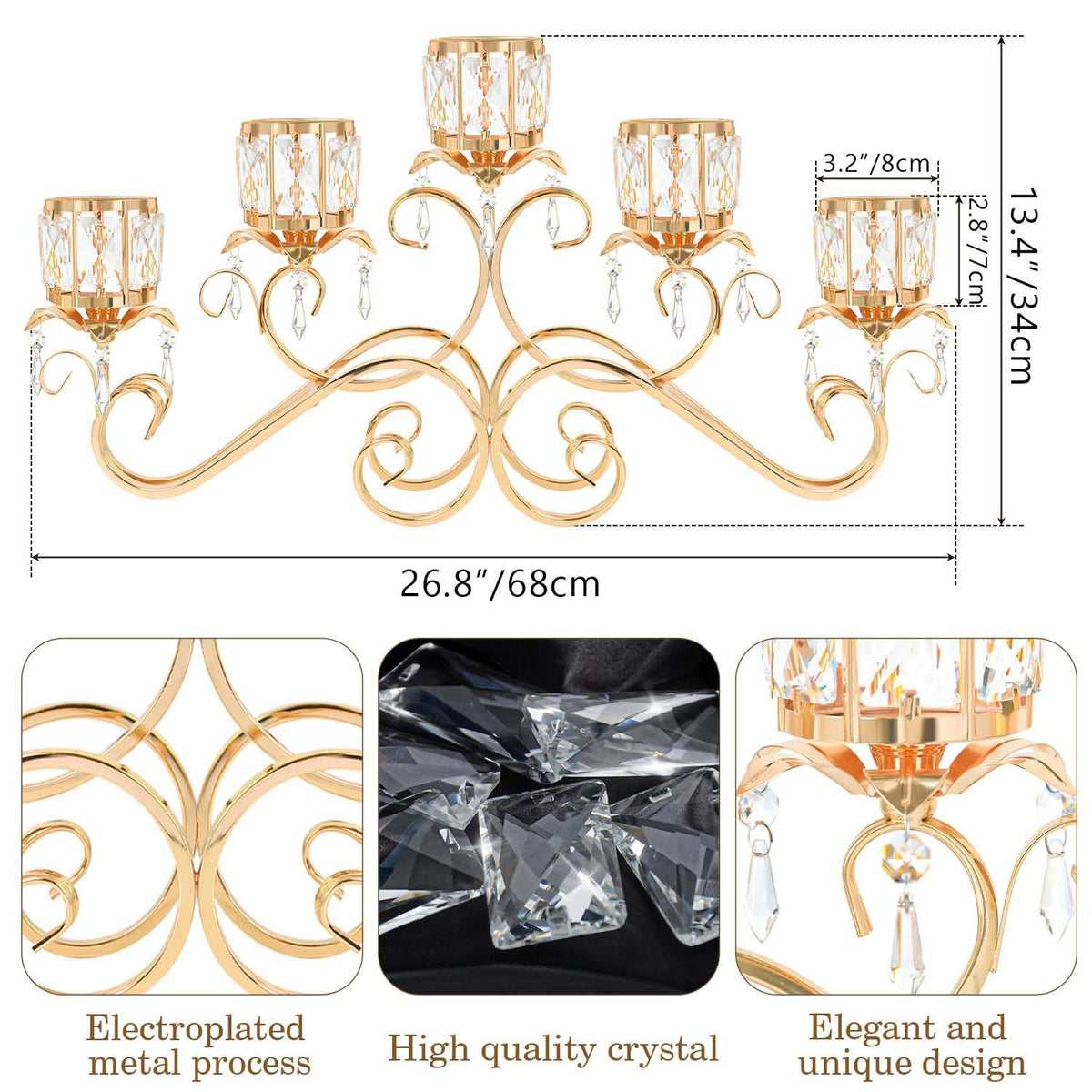 Kolnlala Large Elegant 5 Arms Crystal Bowl Tealight Candle Holder/Candelabra Crystal Votive, 5-arms Candlestick Holder for Table Centerpiece Wedding/Party Home Decor(Gold, 5-Arm)