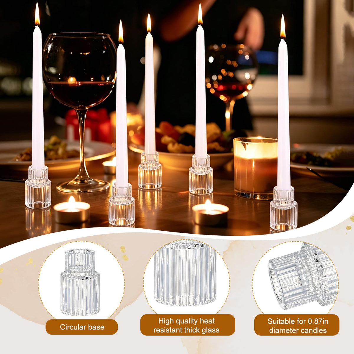 48 PCS Glass Taper Candle Holders Bulk Crystal Candlestick Holders Clear Ribbed Tapered Candle Stick Holder Decor Set for Table Centerpiece Wedding Party Advent Christmas Home Decoration (48, Clear)