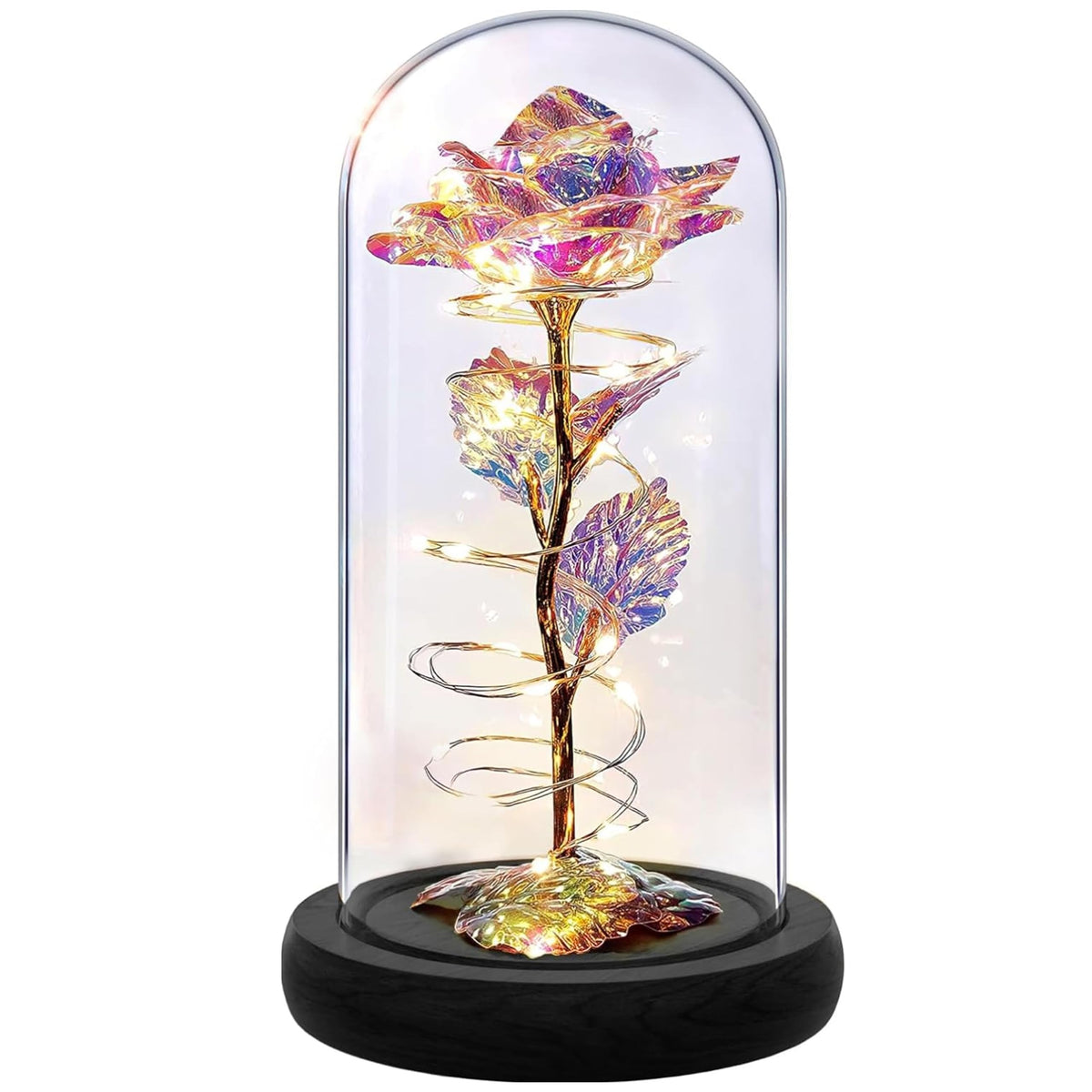Enchanted Galaxy Rose in Glass Dome, Eternal Rainbow Rose Flower Lamp with Black Base, Unique Romantic Gifts, Girlfriend, Wife, Mother on Birthday & Anniversary, Home Decor Night Light Gift for Women