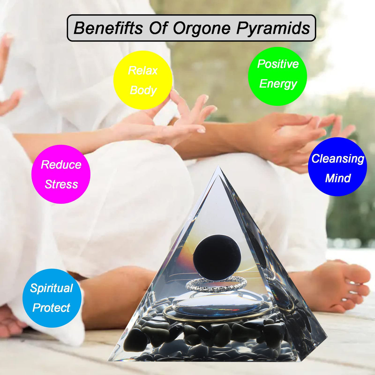 Orgone Pyramid - Positive Energy Source for Meditation, Stress Relief, Wealth Attraction | Crystal Pyramid Orgonite with Protection Crystals | Ideal Energy Generator & Stylish Room Decor