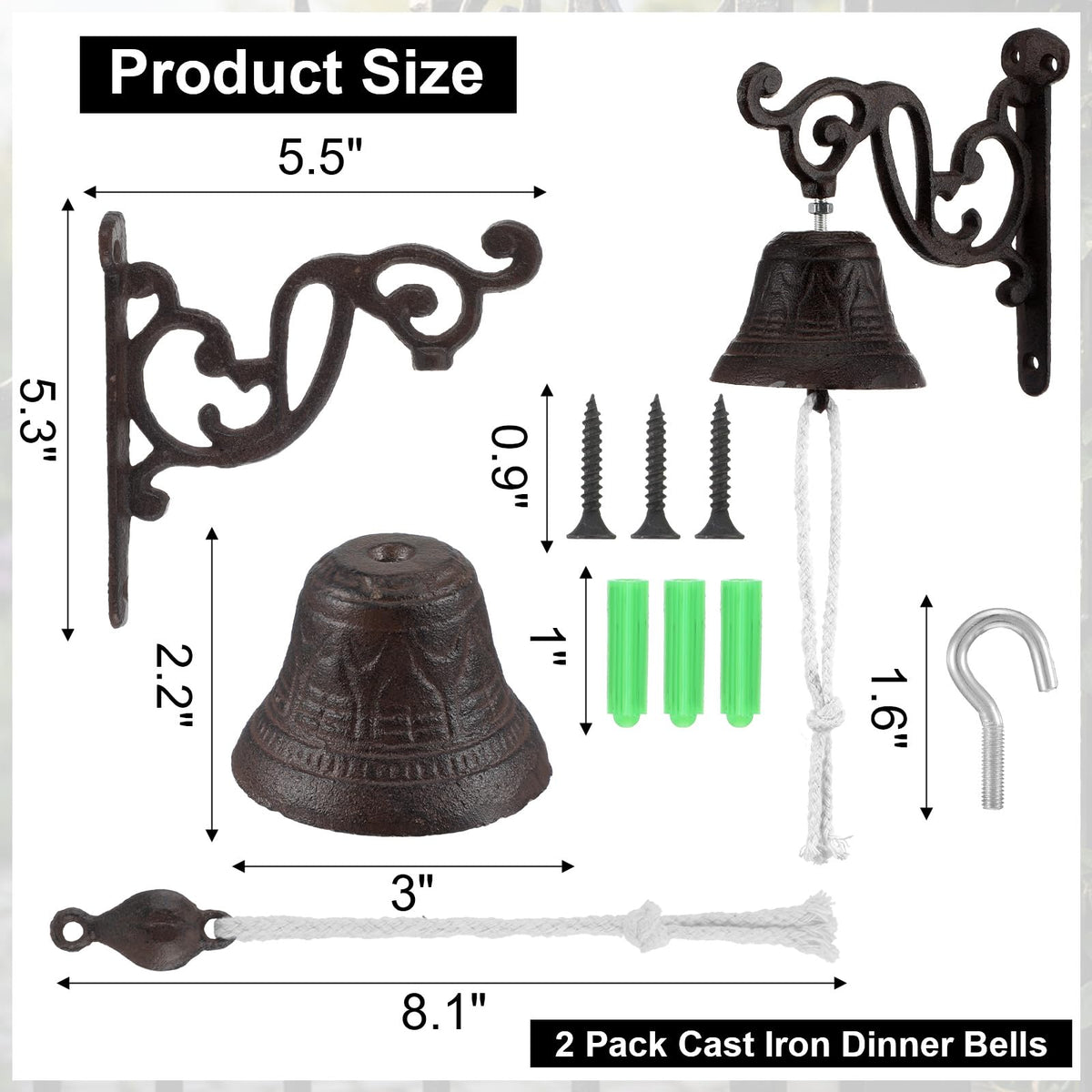 2 Pack Cast Iron Dinner Bells with Rope - Classic Brown Outdoor Hanging Bell for Wall Mount, Farmhouse, Garden, Porch - Loud Sound for Home, Church, Learning Places Decor