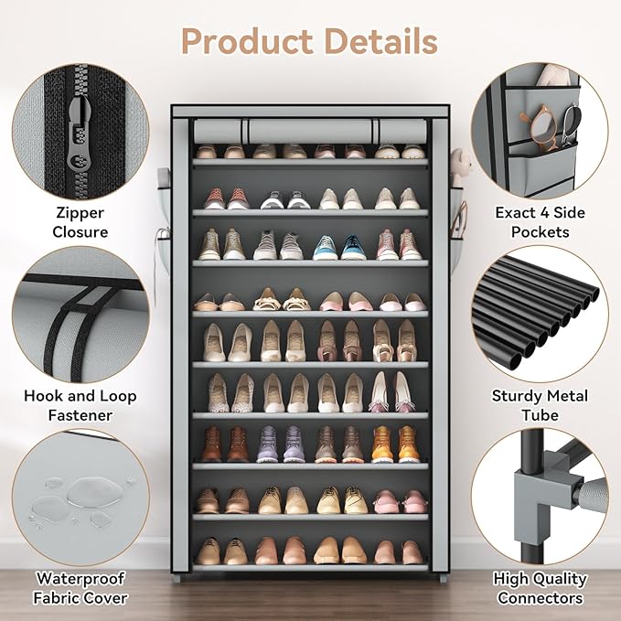 LANTEFUL Shoe Rack with Covers 10 Tier Tall Shoe Rack Organizer Large Capacity