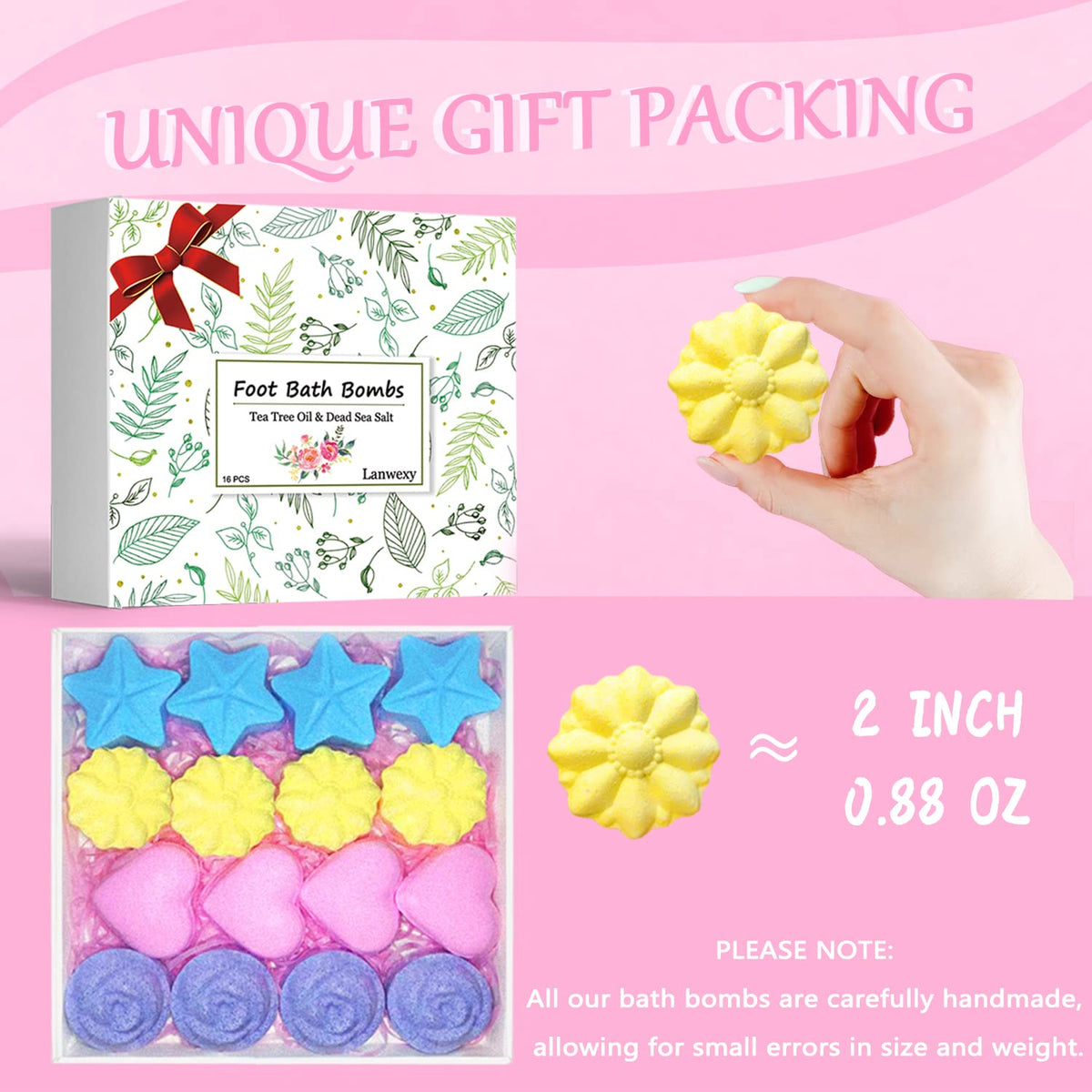 Lanwexy Bath Foot Bombs, 16 Pack Foot Soak with Bath Salt and Tea Tree Oil for Christmas. Organic Natural Handmade Aroma Pure Essential Oil Bubble Feet Balls for Foot Callus, Stubborn Feet Odor Scent.