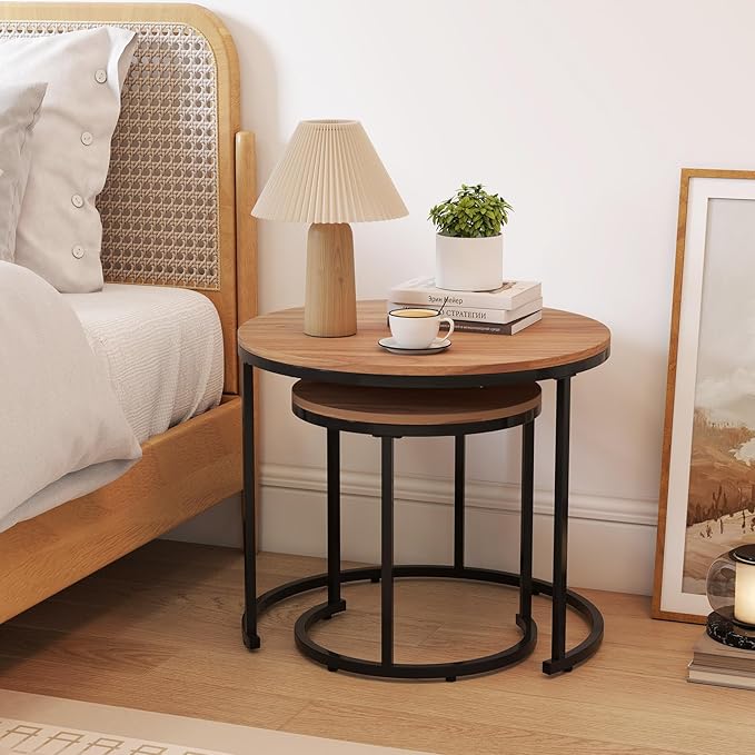 Giantex Nesting Coffee Table Set of 2, Round Stacking Side Tables w/Wooden