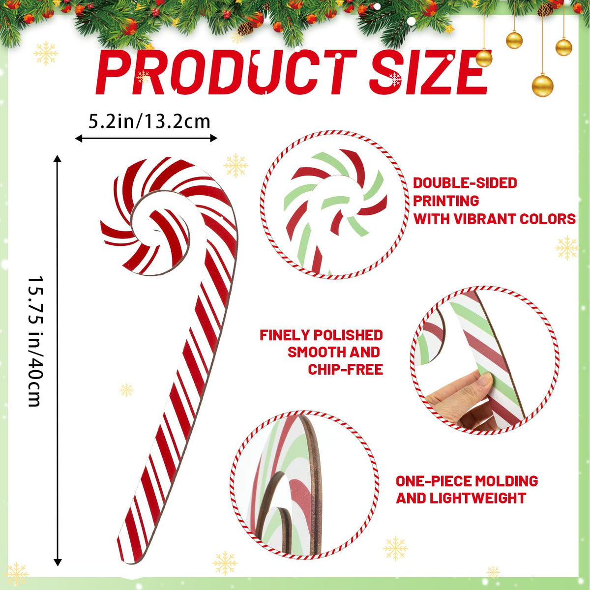 Yalikop 6 Pcs Large Christmas Candy Canes Decoration 15.75'' Wooden Red Green White Polka Dots Stripes Ornament Lollipop Candy Cane Ornaments for Christmas Tree Xmas Crafts Party Decor (Lovely)