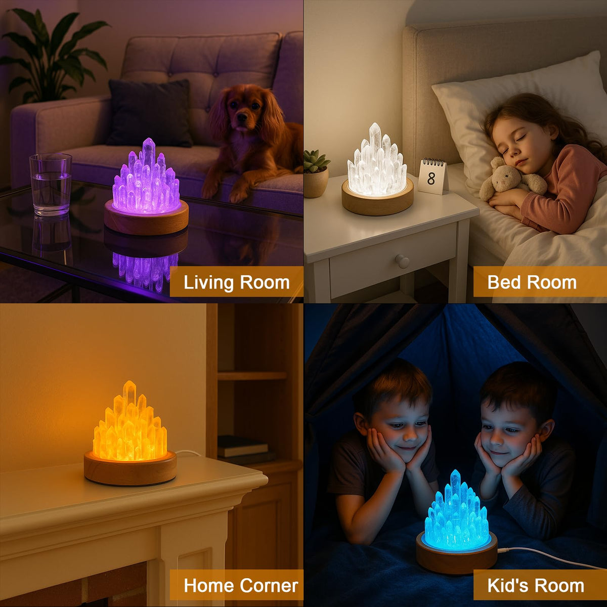 Healing Crystals Lamp with Wooden Light Base, Clear Quartz Night Lamp, Natural Healing Crystal Atmosphere Lamp, 8 Colours Dimming Mode Bedroom Lamp Suitable Night Light for Office Home Christmas Decor
