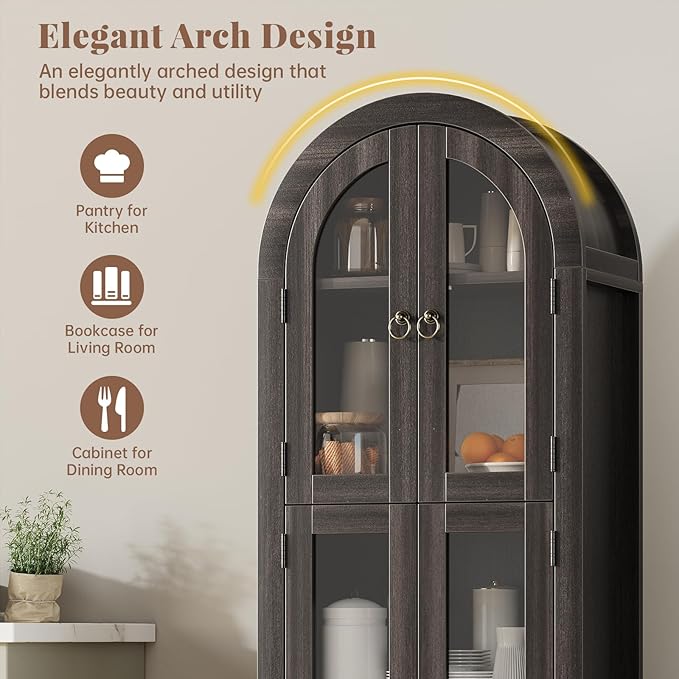 71" Tall Arched Cabinet with Acrylic Door, Modern Curio Arched Bookcase W/Drawer