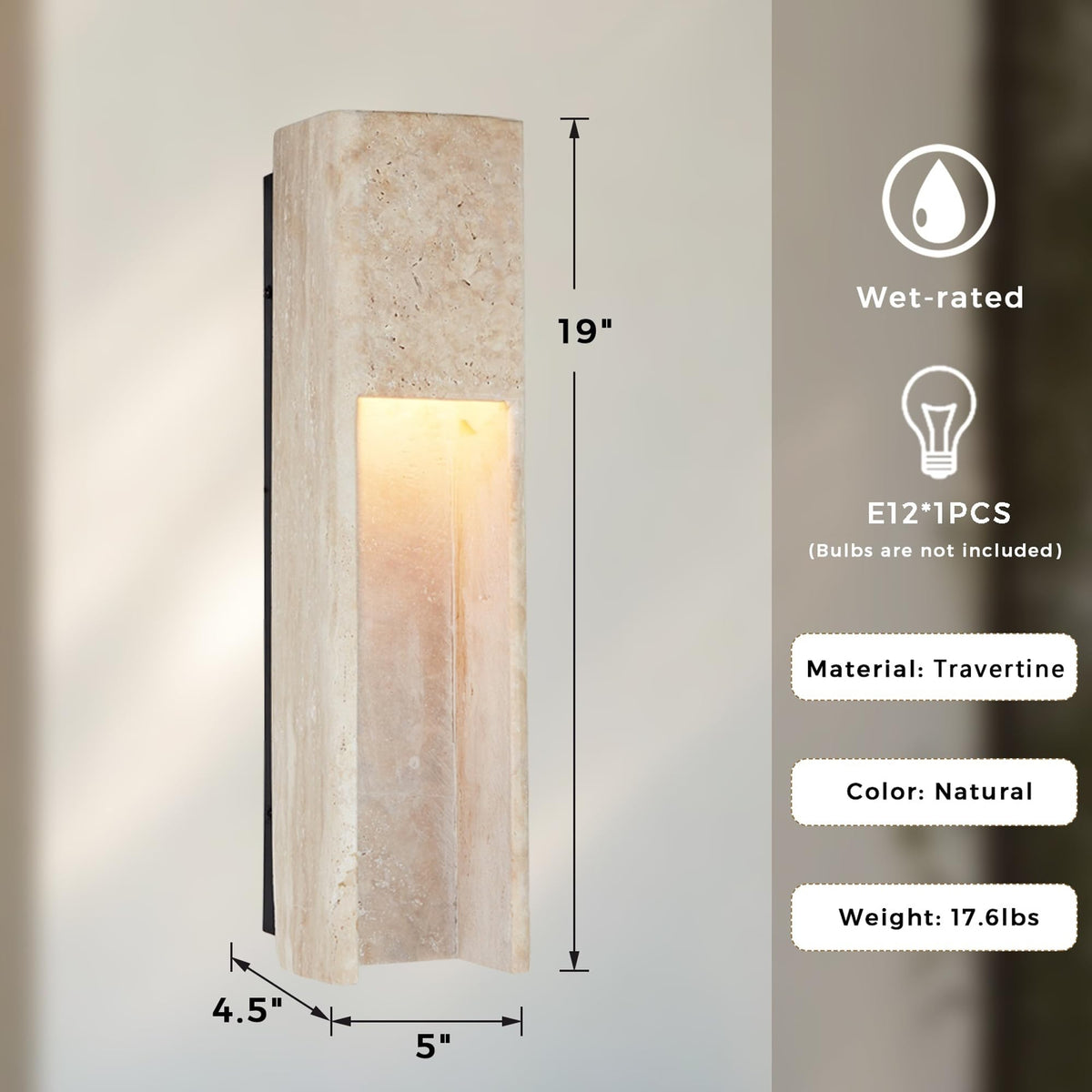 19 Inch Square Travertine Wall Sconce, Natural Stone Wall Lamp, Japanese Style Art Decor Wall Light Fixture, Indoor Outdoor Wall Mounted Lamp for Entryway, Hallway, Bedroom, Living Room, Dining Room