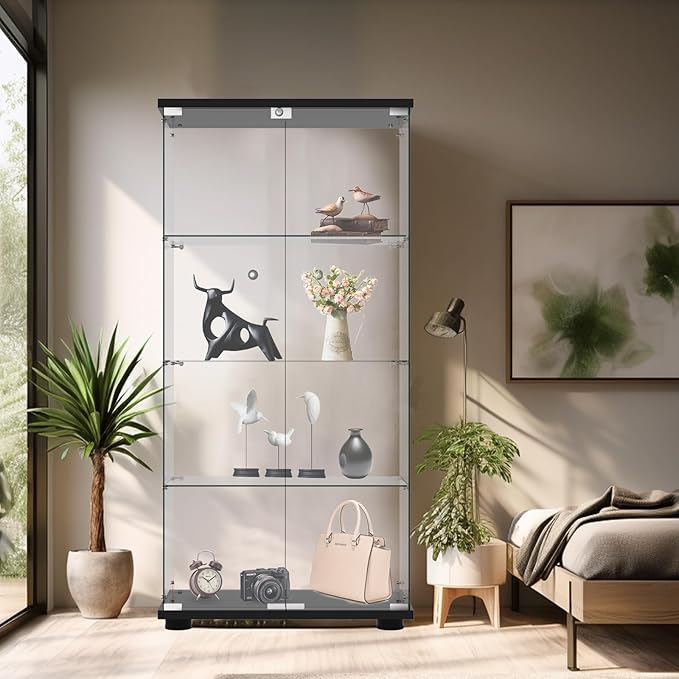 Display Cabinet with Glass Door and Lock, 4-Shelf Fast Installation in 30 Mins