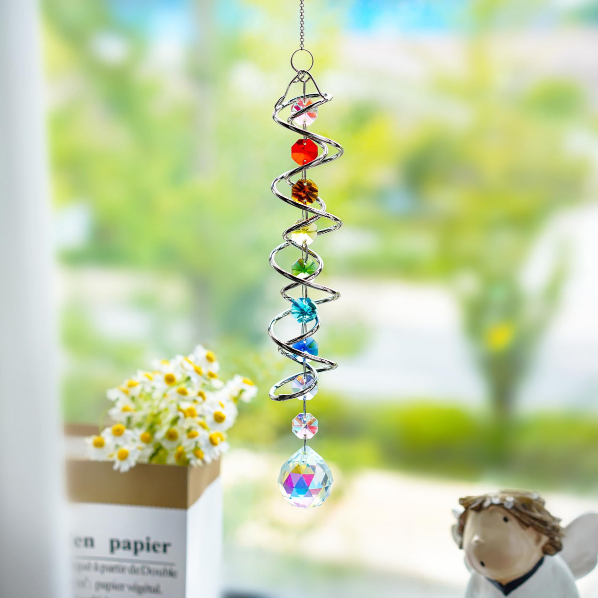 H&D HYALINE & DORA Sun Catchers for Windows,Crystal Sun Catcher with Seven Chakra Beads,Decorative Wind Spinner Tail Suncatcher for Indoor Christmas Decoration 20.5in