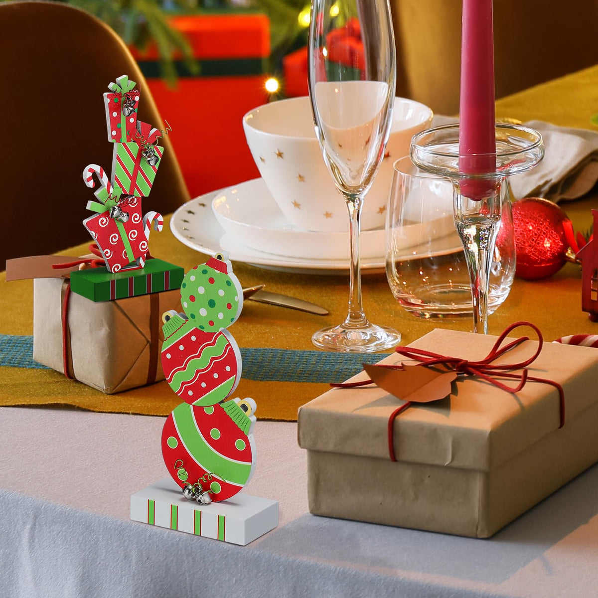 Amyhill 2 Pcs Christmas Table Decorations 5.9 Inch Wooden Xmas Centerpieces Red Green Gifts Box and Ball Ornaments Shape Christmas Signs Tabletop with Bells for Table Shelf Fireplace Holiday