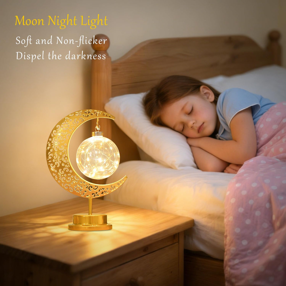 Moon Lamp with Hanging Globe, Decorative Crescent Moon Table Lamp Battery Powered, Retro Metal Islamic Decor LED Night Light for Bedroom Living Room, Gift for Women Birthday Christmas Boho Home Decor