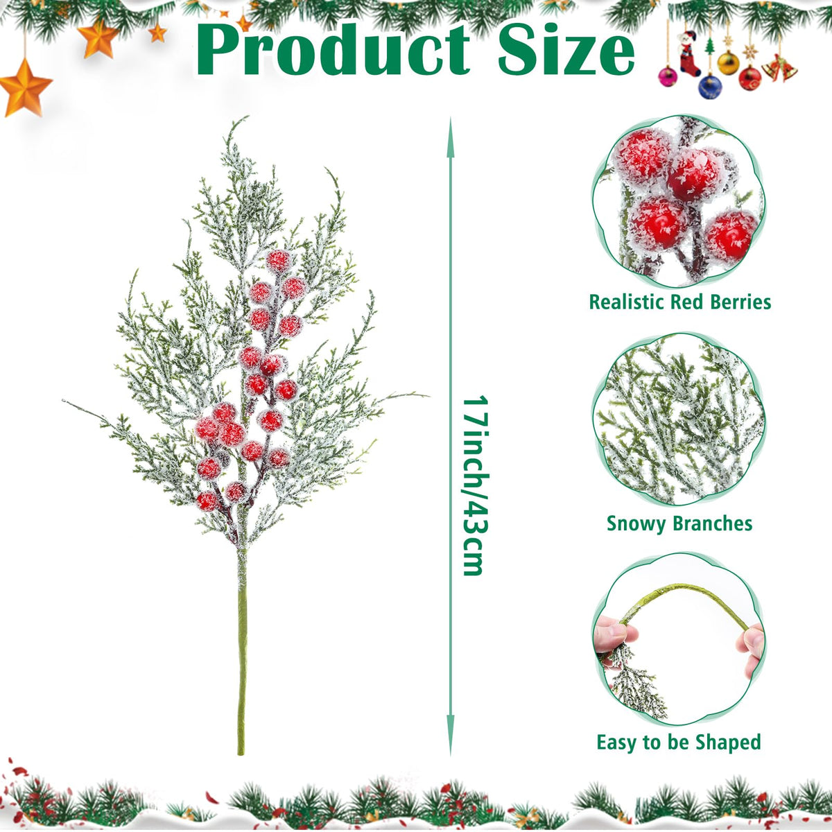 GoClimber 6 Pcs Snowy Artificial Cedar Picks with Red Berries, Christmas Tree Picks Frosted Faux Cedar Sprays with Greenery Branches Stems, Floral Picks for Vase Fillers Craft Wreath Holiday Décor