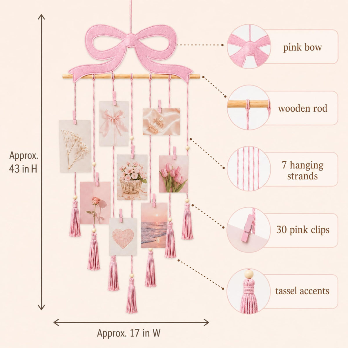 Fiwochic Pink Bow Hanging Photo Display Pink Bow Wall Decor Macrame Wall Hanging Coquette Picture Holder with 30 Clips for Teenage Girl Gift Room Decor Bedroom Graduation Wedding Coquette Party
