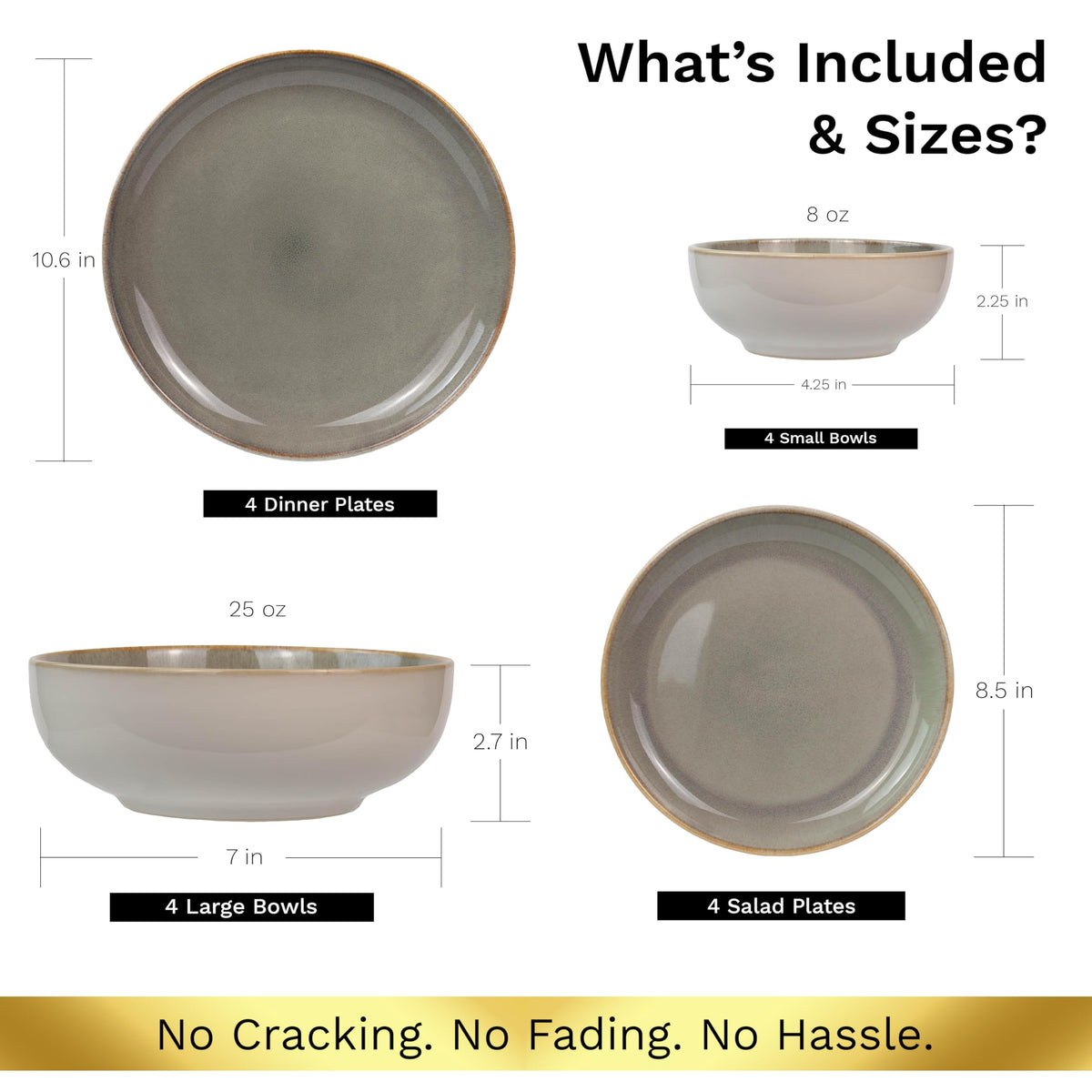 Sango 16-Piece Stoneware Dinnerware Set for 4, Glossy Cream/Green Big Dinner Plates and Bowls Sets with Reactive Glaze, Ceramic Dish Set, Modern Dishes, Microwave & Dishwasher Safe, Resona Moss