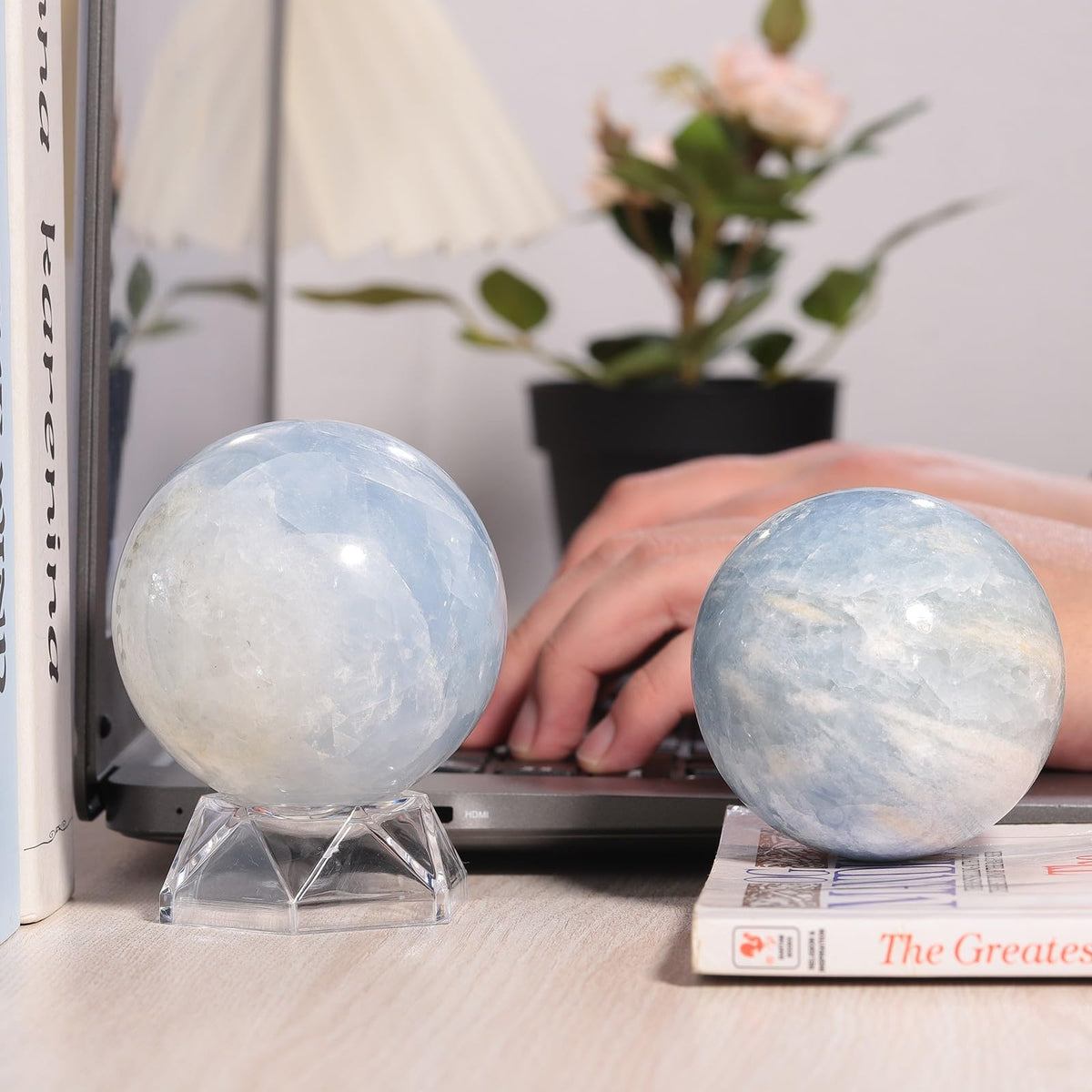 moonsix Natural Blue Celestite Crystal Ball with Acrylic Stand Decoractive Stone Sphere Sulpture for Divination Fengshui Decor, 61-70 mm