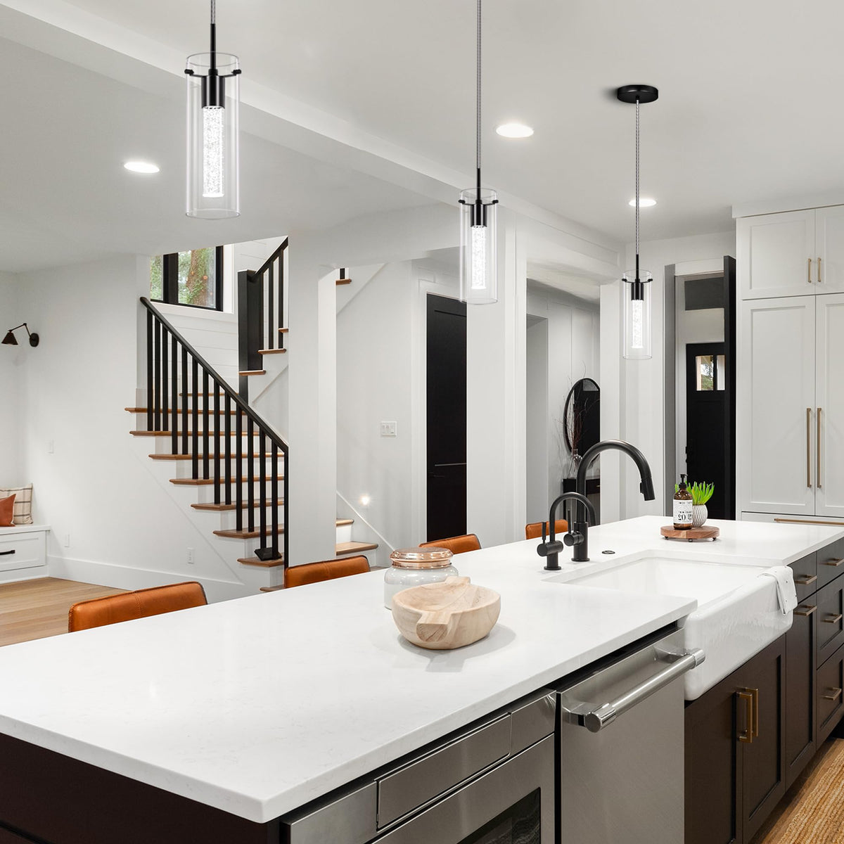 Esfos Pendant Ceiling Light Fixture, 6500K LED Kitchen Lighting Crystal Pendant Lights Kitchen Island Brushed Black, Glass Kitchen Hanging Light Fixture Modern Island Light with Crystal Bubble 3 Pack