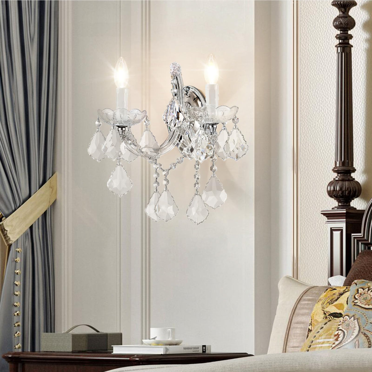 Crystal Wall Sconce Lighting, 2-Light Modern Crystal Wall Light Fixture Bathroom Maria Theresa Wall Lamp Light Fixtures Chrome Wall Sconce Light Wall Mounted Lamp for Living Room,Bedroom,Indoor