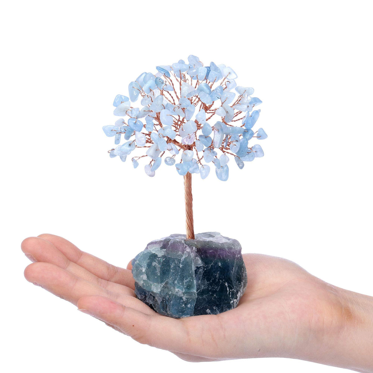 Jovivi Natural Aquamarine Crystal Tree, Raw Healing Crystals Fluorite Base Bonsai Money Tree for Home Office Table Decor Wealth and Luck