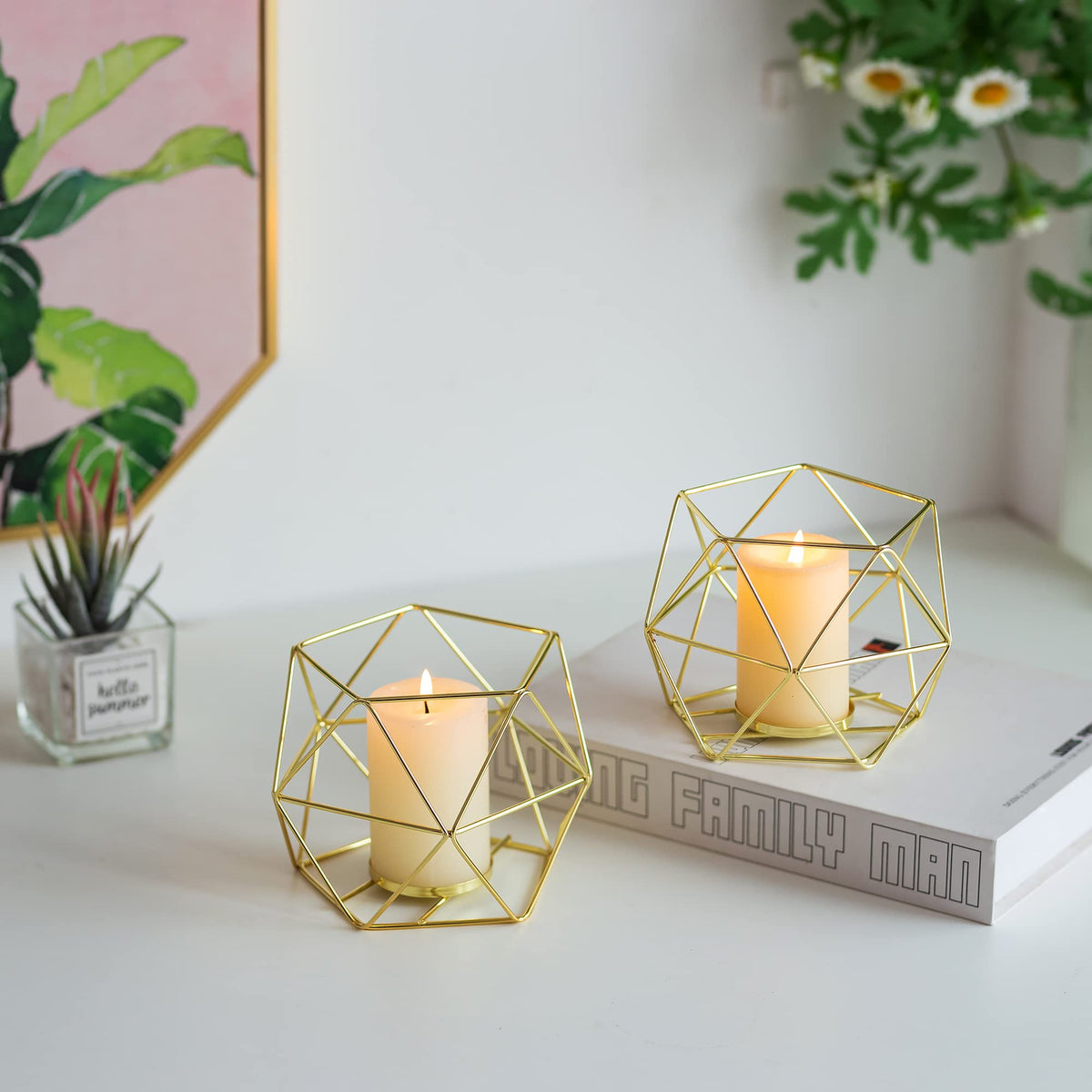 Geometric Tealight Candle Holders Gold - Votive Candle Stand Accents for Tea Light Decorative for Home Table Shelf Mantel Modern Geo Decoration Christmas Wedding Reception Décor, Gold, 6pcs