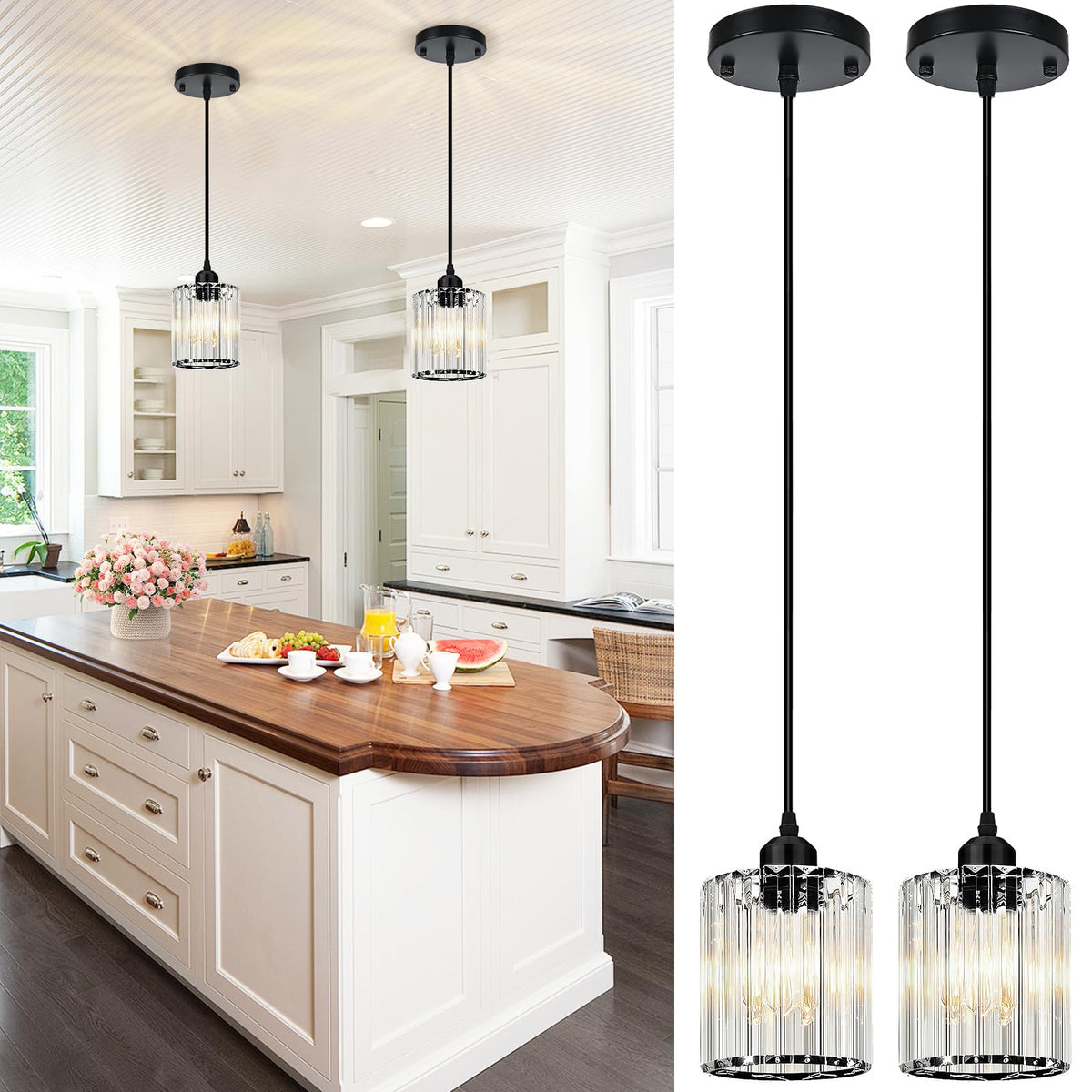 WKWKTOTO 1-Piece Pendant Lights Kitchen Island, Elegant Modern Island Lights for Kitchen with Crystal Glass – Luxury Kitchen Hanging Light for Kitchen Island, Dining Table, Entryway, Restaurant