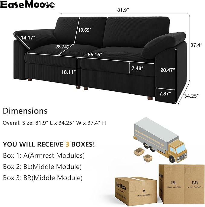EASE MOOSE Comfty 2 Seat Couch, FSC Certified Modern Deep Seat Sectional Modular