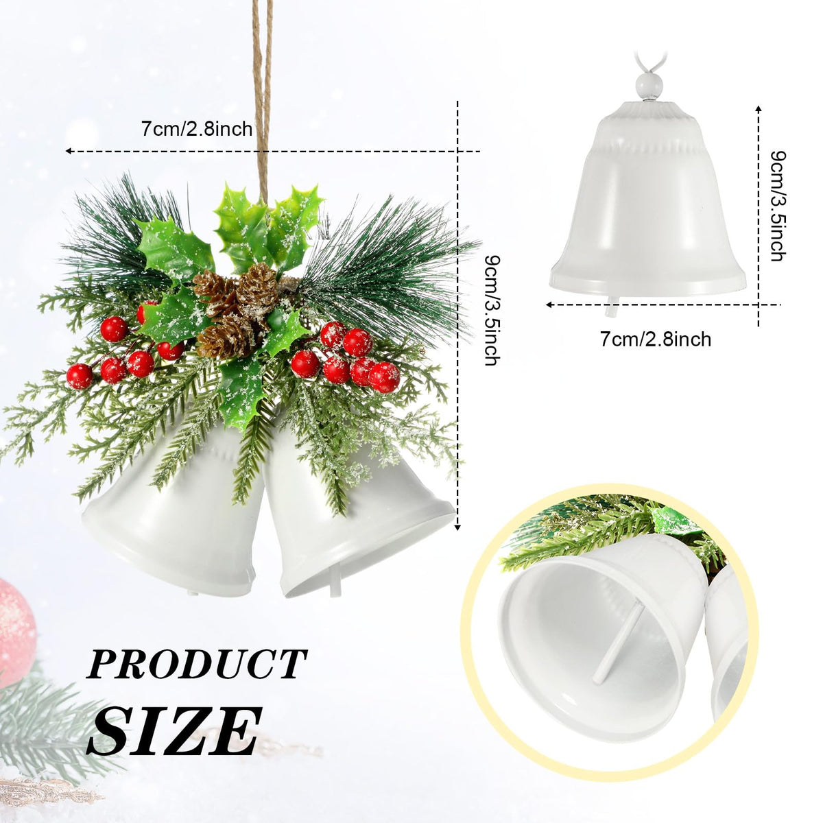 Tioncy Christmas Bell Hanging Ornaments 8.7" Large Rustic Metal Bell Decoration Xmas Hanging Decorative Bell with Red Berry for Christmas Wreath Tree Door Decor(White,4 Pcs)