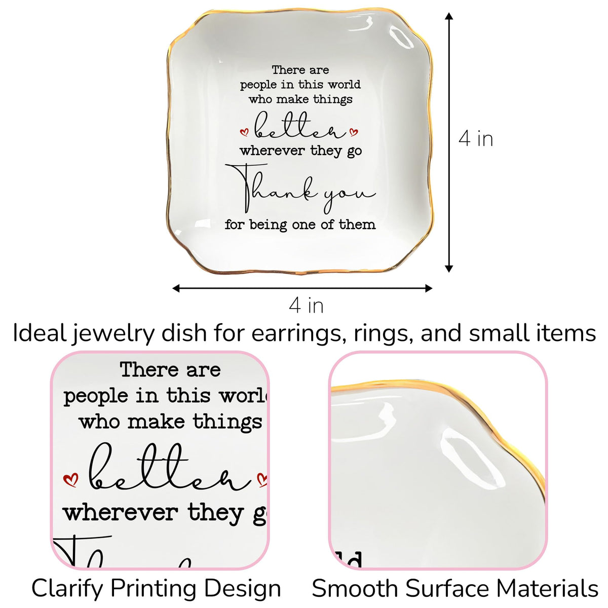 OASSIE Thank You Gifts for Women - 4"x4" Ceramic Jewelry Dish Tray