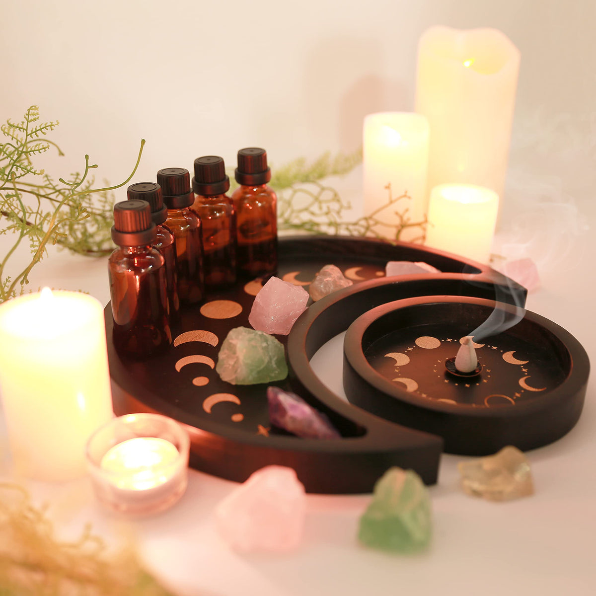 Moon Tray Crystal Holder Set, Wood Moon Phase Crystal Tray for Stones Display with Brown Tarot Card Holder, Witchcraft Crystal Organizer Bowl, Wiccan Altar Supplies