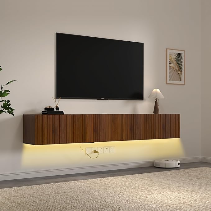 71” Floating TV Stand with LED Lights & Charging Station, Wall Mounted