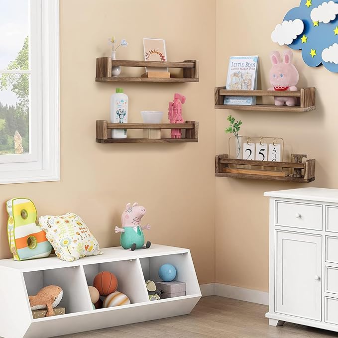 Nursery Room Shelves Set of 4, Wood Floating Book Shelves