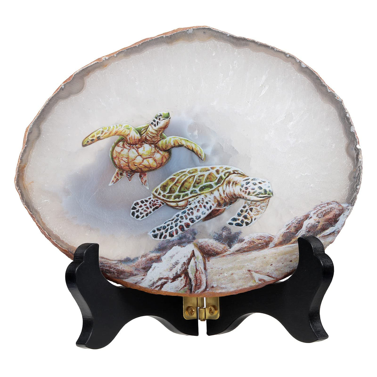 TUMBEELLUWA Natural Irregular Agate Slice Painting Decor with Wooden Stand Agate Geode Slab for Desk Hallway, Sea Turtle