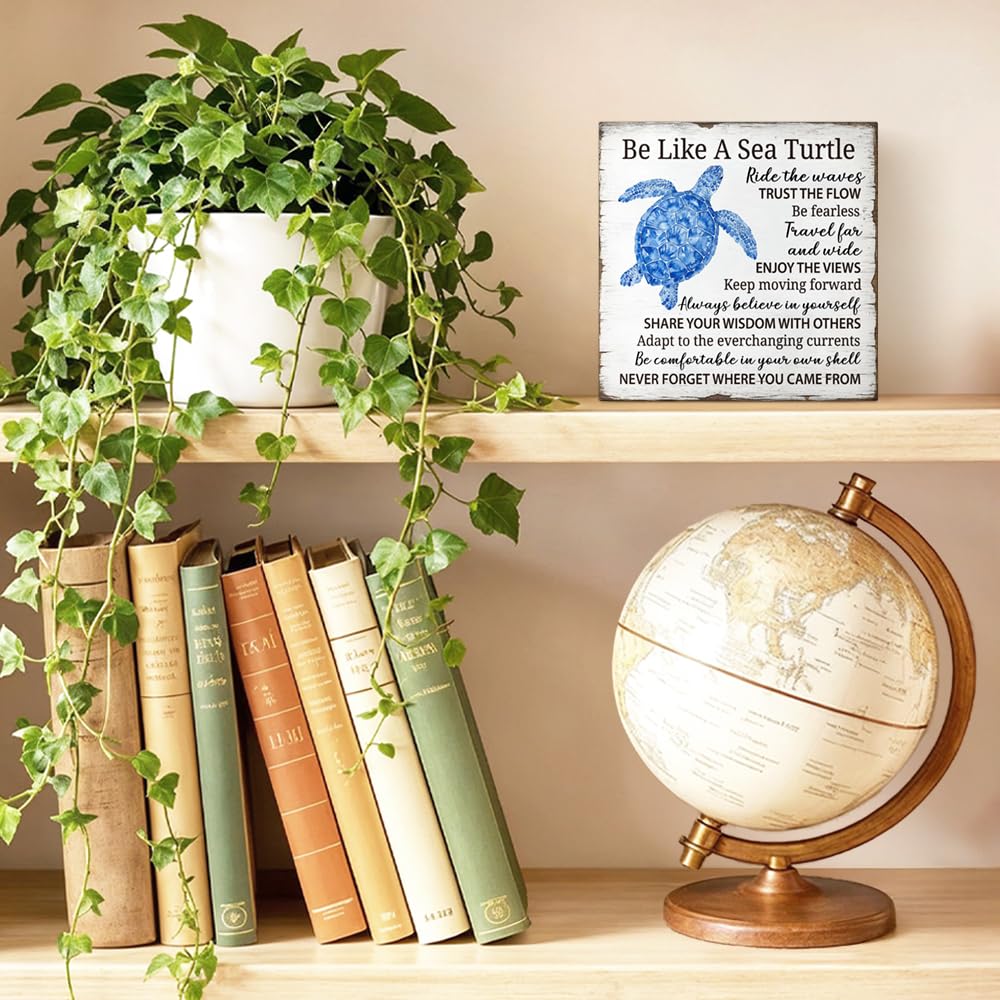 JQYCJTR Be Like A Sea Turtle Wood Block Plaque Box Sign for Home Living Room Coffee House Bar Shelf Table Decoration, Coastal Easter Beach Sign, Sea Turtle Motivational Wisdom Home Decor