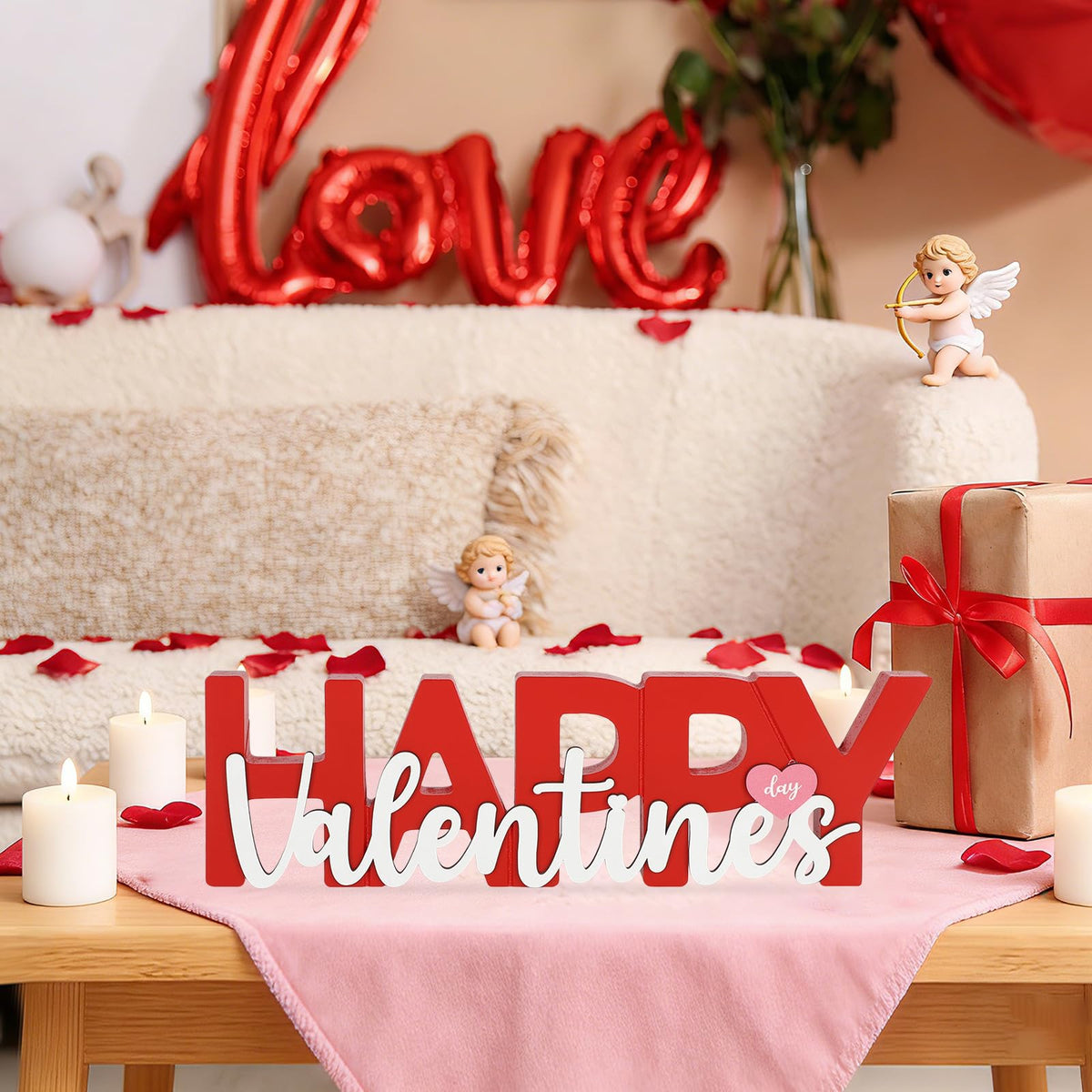 COCHIE Wooden Happy Valentine's Day Sign, Valentine Decorations for Home, Office, Shelf, Mantel, Indoor, Wood Heart Decor, Red Pink Table Top Party Decoration (Valentines)