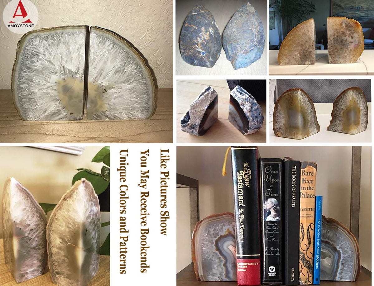 AMOYSTONE Agate Bookends for Shelf Decorative Geode Book Ends for Heavy Books Crystal Bookends for Shelves Nature Brown Small(1 Pair, 2-3 LBS)