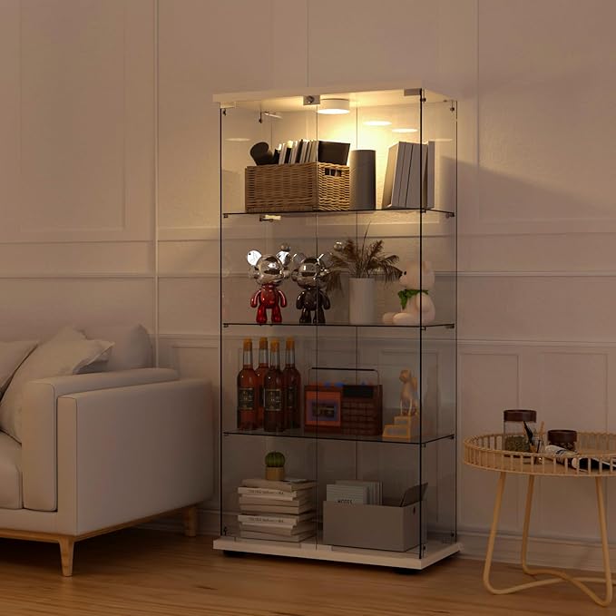 Display Cabinet with Light, Glass Door and Lock, 4-Shelf Fast Installation in