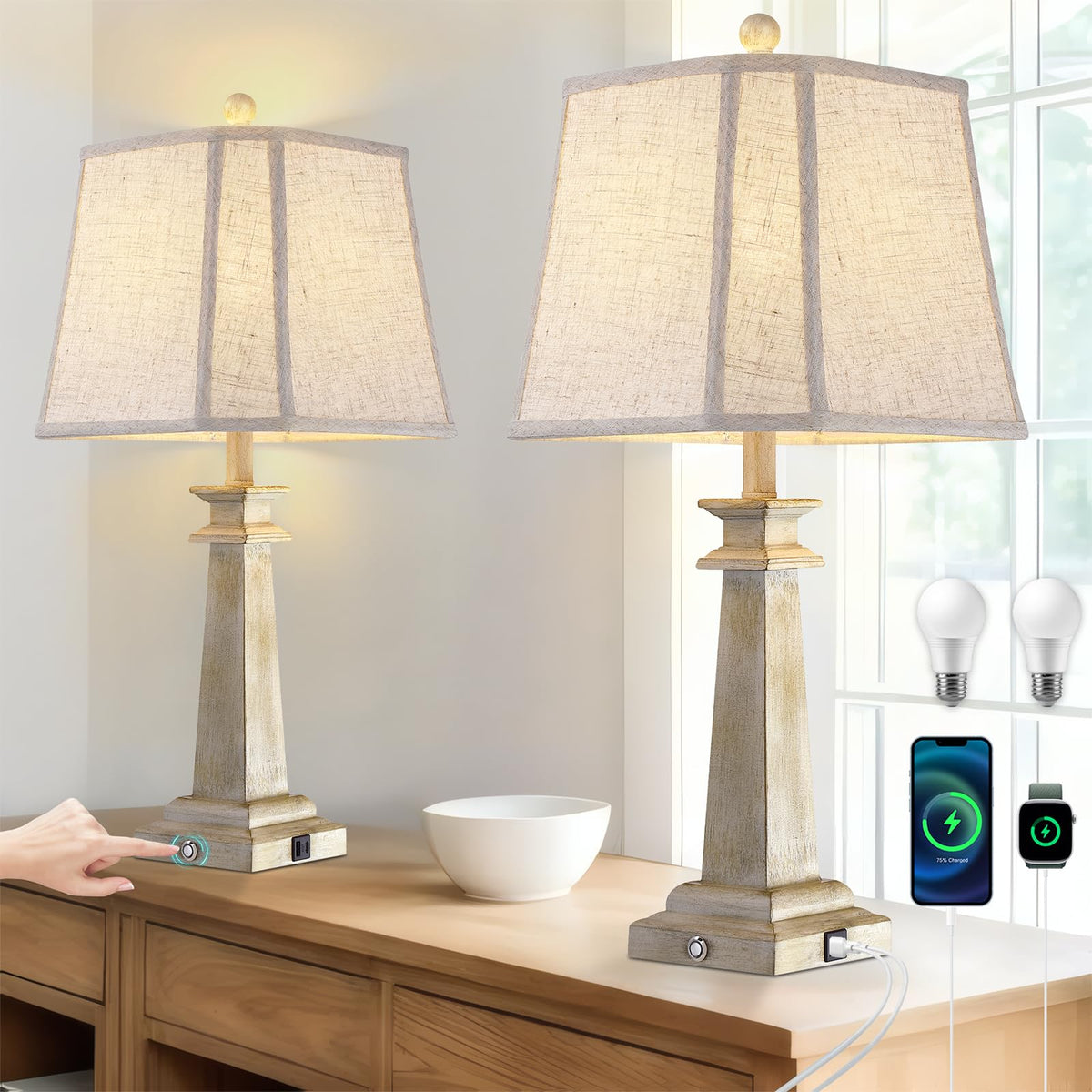 Hapcrea 27.5" Table Lamps Set of 2, 3-Way Dimmable Touch Lamps for Nightstand, Farmhouse Table Lamp for Living Room and Bedroom with USB A+C Charging Ports, Bulbs Included (Antique White)