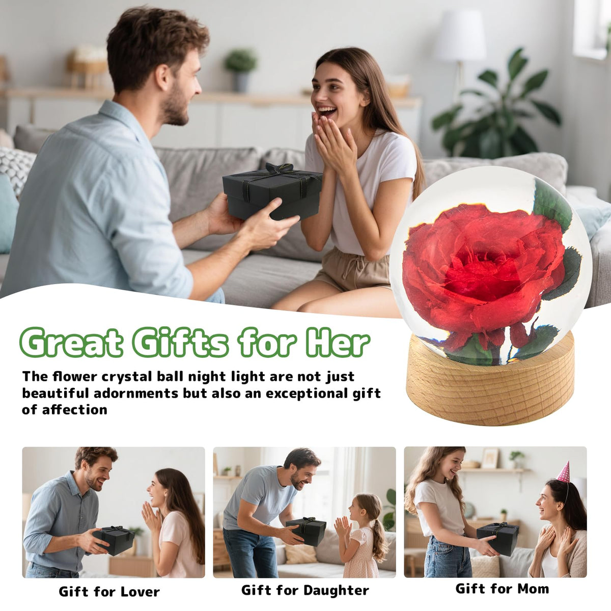 QNCMBUG Chamomile Crystal Ball Night Light - Real Chamomile Encased in Glowing Resin Ball, USB-Powered Desk Lamp with Wood Base, Unique Daisy Gift for Valentine's Day, Mother's Day & Home Decor