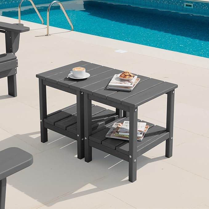 SERWALL 2-Tier HDPE Outdoor Side Tables Set of 2, Weatherproof Rectangular