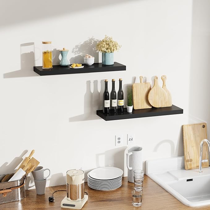 Bellsal 2-Pack Black Modern Floating Shelves, Living Room, Bathroom Storage